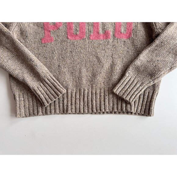 POLO RALPH LAUREN Tan Pink Logo Wool Blend Varsity Crew Neck Sweater, Size S - Picture 10 of 15